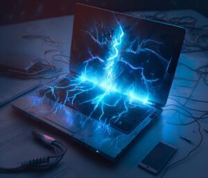 laptop with blue lightning bolts on screen