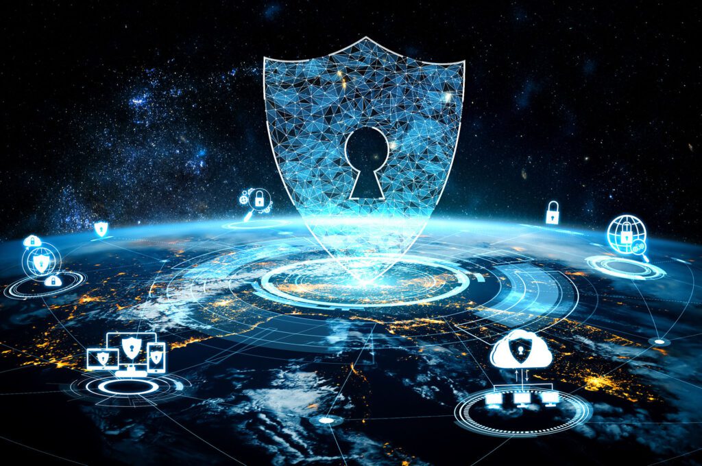 Cyber security technology and online data protection in innovative perception . Concept of technology for security of data storage used by global business network server to secure cyber information .