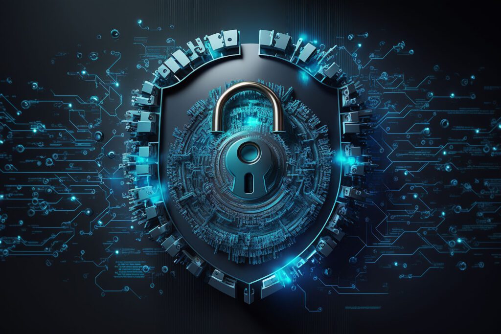 Cyber security data lock concept. Secure anti virus digital computer protection. Cybersecurity firewall crime prevention. Ai generated